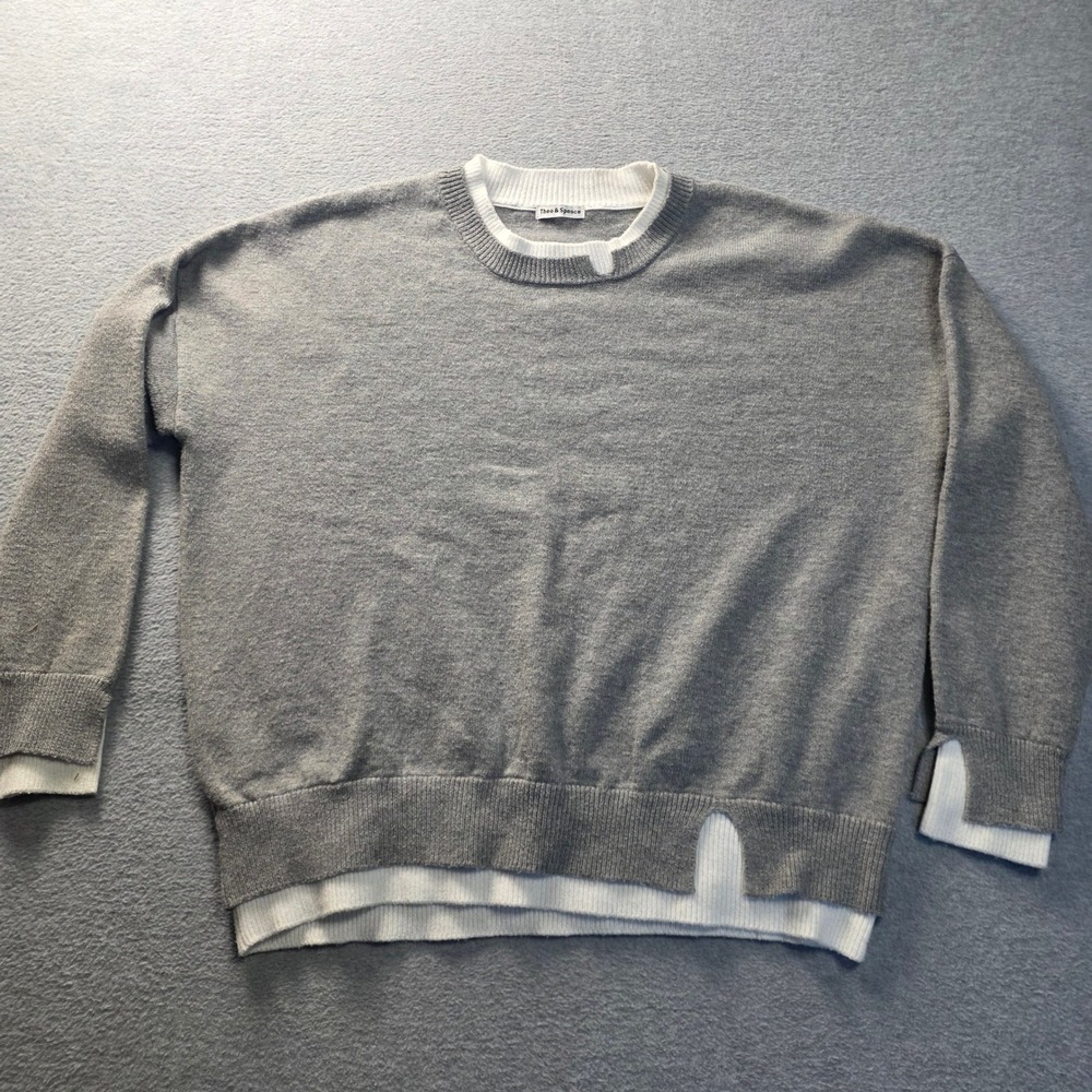 Sweater Womens XL Gray Layered Look Lightweight Pullover Oversized Theo & Spence
